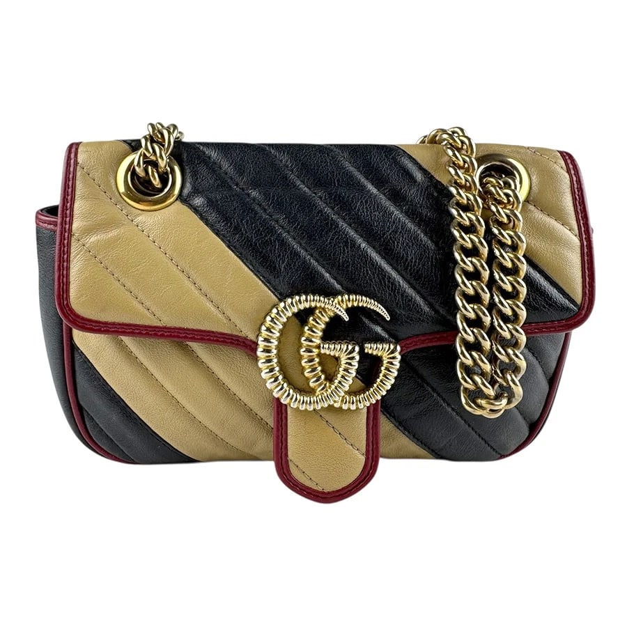 GUCCI GG MARMONT SHOULDER BAG BLACK/BEIGE/GOLD: GUCCI GG Marmont Shoulder Bag Black/Beige/Gold Brand: GUCCI Type: Shoulder Bag Material: Leather/Metal Color: Black / Beige / Gold Size: W:7.9inx H:5.9inx D:2.4in Accessories: None Accesso