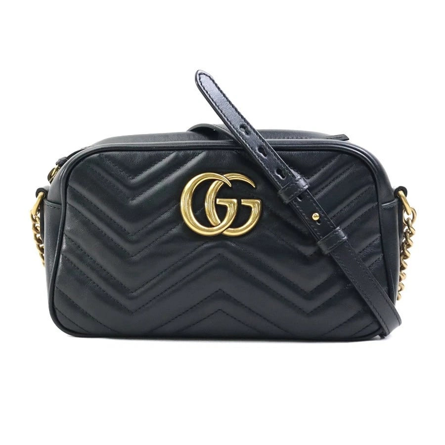 GUCCI GG MARMONT CROSSBODY SHOULDER BAG: GUCCI GG Marmont Crossbody Shoulder Bag Brand: GUCCI Type: Crossbody Shoulder Bag Material: Leather/Metal Color: Black / Gold Size: W:9.1inx H:5.3inx D:2.6in Accessories: None Accessories