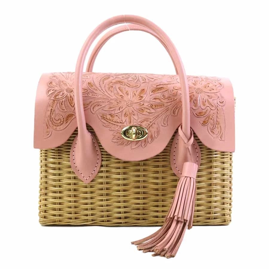 CARVING TRIBES HANDBAG BASKET BAG LEATHER/RATTAN (1 of 10)