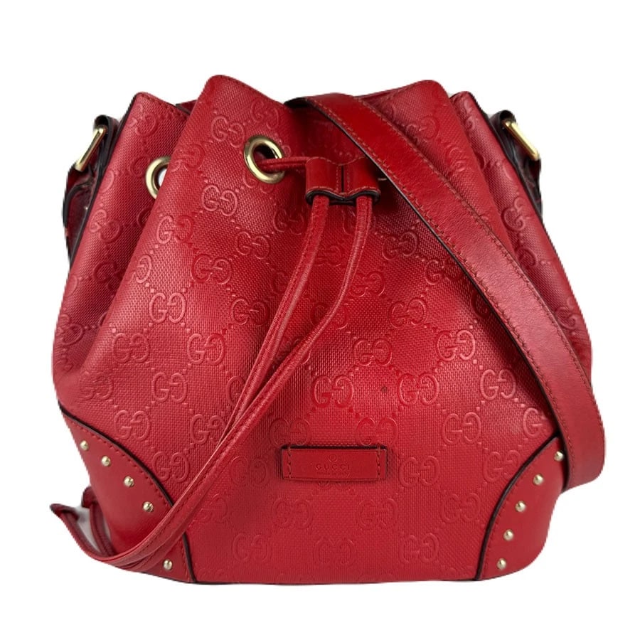 GUCCI SHOULDER BAG RED LEATHER/GOLDTONE: GUCCI Shoulder Bag Red Leather/Goldtone Brand: GUCCI Type: Shoulder Bag Material: leather Color: Red Size: W:8.3inx H:8.7inx D:5.5in Accessories: None Accessories Notice: When purchasing p