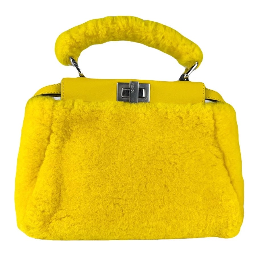 FENDI PEEKABOO MINI HANDBAG SHOULDER BAG: FENDI Peekaboo Mini Handbag Shoulder Bag Brand: FENDI Type: Handbag Material: Fur Color: Yellow Size: W:9.8inx H:7.1inx D:4.3in Handle Length:10.6in Accessories: None Accessories Notice: W
