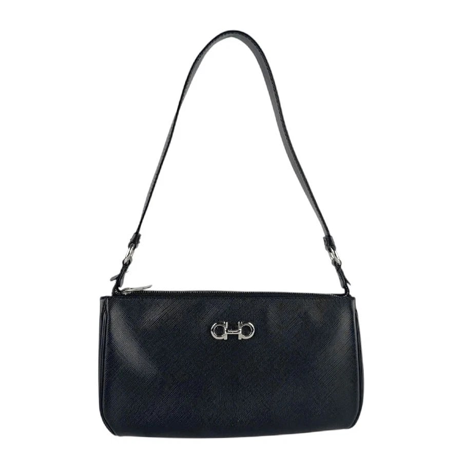 SALVATORE FERRAGAMO DOUBLE GANCINI SHOULDER BAG: Salvatore Ferragamo Double Gancini Shoulder Bag Brand: Salvatore Ferragamo Type: Shoulder Bag Material: leather Color: Black Size: W:7.9inx H:4.3inx D:1.6in Handle Length:19.7in Accessories: None