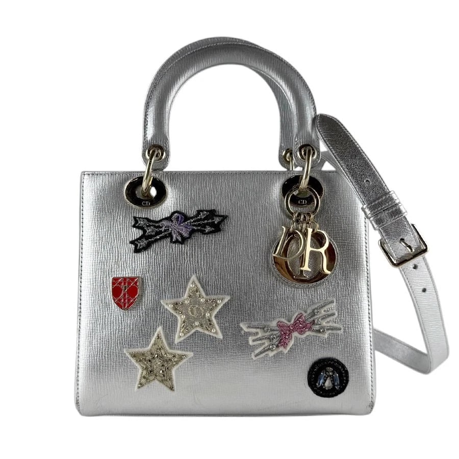 CHRISTIAN DIOR LADY DIOR HANDBAG SHOULDER BAG: Christian Dior Lady Dior Handbag Shoulder Bag Brand: Christian Dior Type: Handbag Material: leather Color: Silver/Multicolor Size: W:9.4inx H:7.9inx D:4.3in Handle Length:13.8in Accessories: None