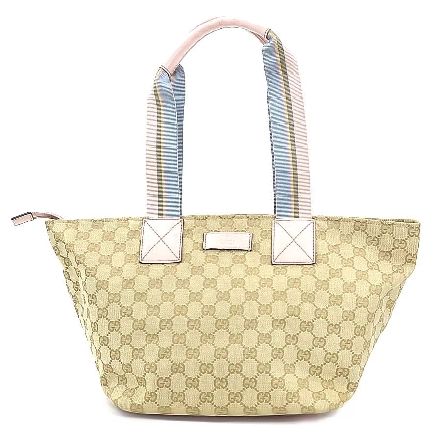 GUCCI SHOULDER BAG TOTE BAG GG CANVAS/LEATHER: GUCCI Shoulder Bag Tote Bag GG Canvas/Leather Brand: GUCCI Type: Shoulder Bag Material: GG Canvas/Leather Color: Beige / Pink / Blue Size: W:9.1inx H:9.3inx D:7.7in Accessories: None Acces