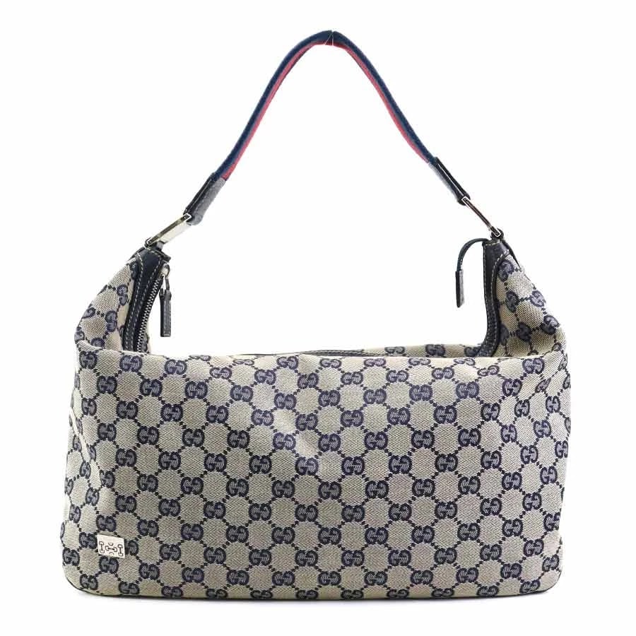 GUCCI SHOULDER BAG GG CANVAS/SILVERTONE: GUCCI Shoulder Bag GG Canvas/Silvertone Brand: GUCCI Type: Shoulder Bag Material: GG Canvas Color: Navy/Beige/Red Size: W:14.0inx H:7.9inx D:4.1in Accessories: None Accessories Notice: Whe