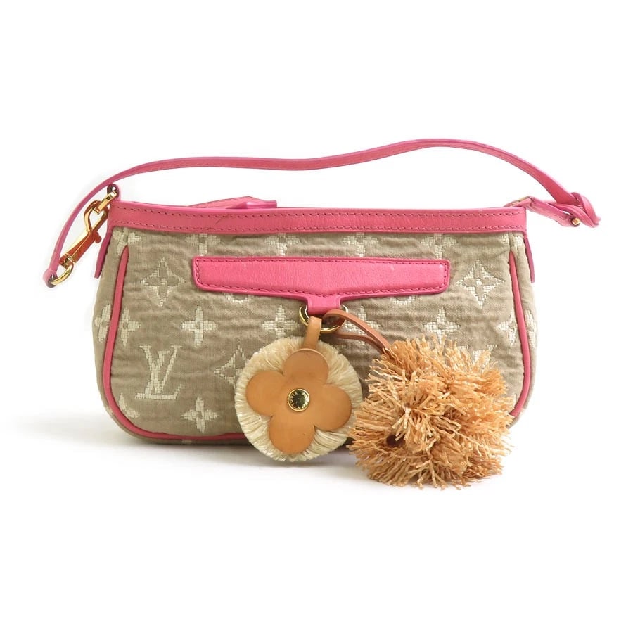 LOUIS VUITTON POCHETTE ACCESSORIES POUCH HANDBAG: LOUIS VUITTON Pochette Accessories Pouch Handbag Brand: LOUIS VUITTON Type: Accessory Pouch Material: Canvas/Leather Color: Beige / Pink Size: W:8.3inx H:4.7inx D:2.0in Accessories: None A