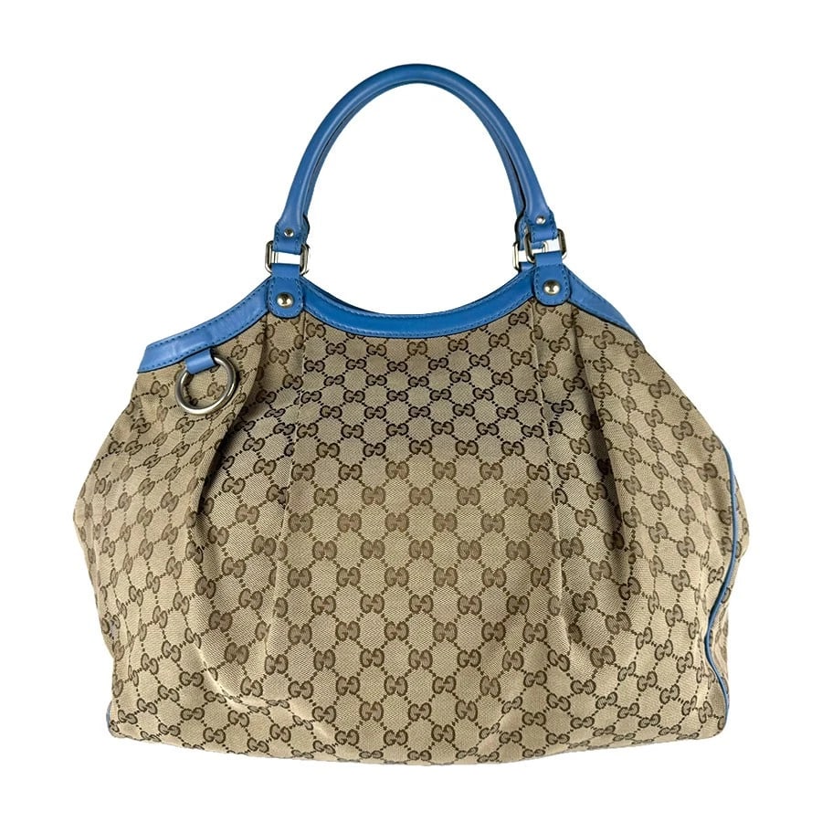 GUCCI HANDBAG BROWN/BLUE GG CANVAS/LEATHER: GUCCI Handbag Brown/Blue GG Canvas/Leather Brand: GUCCI Type: Handbag Material: Leather/GG Canvas Color: Blue / Brown Size: W:15.7inx H:14.6inx D:3.5in Handle Length:15.7in Accessories: None <