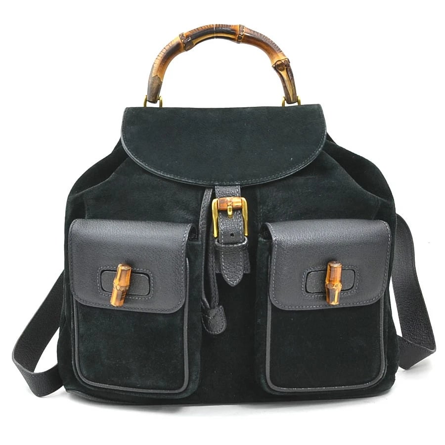GUCCI BAMBOO BACKPACK BLACK SUEDE/LEATHER: GUCCI Bamboo Backpack Black Suede/Leather Brand: GUCCI Type: Backpack Material: Suede/Leather Color: Black Size: W:12.2inx H:11.8inx D:3.9in Handle drop:3.0in Accessories: None Accessories