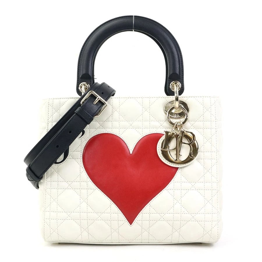CHRISTIAN DIOR AMOUR LADY DIOR HANDBAG SHOULDER BAG: Christian Dior Amour Lady Dior Handbag Shoulder Bag Brand: Christian Dior Type: Handbag Material: Lambskin Color: White X Black X Red Size: W:9.1inx H:7.9inx D:4.5in Handle Length:11.0in Accessori