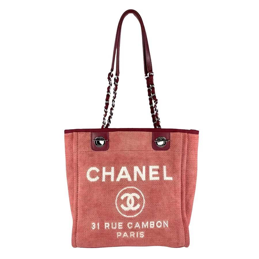 CHANEL DEAUVILLE PM SHOULDER BAG RED/SILVER: CHANEL Deauville PM Shoulder Bag Red/Silver Brand: CHANEL Type: Shoulder Bag Material: Canvas/Leather Color: Red Series Size: W:10.2inx H:10.6inx D:3.1in Accessories: None Accessories Noti