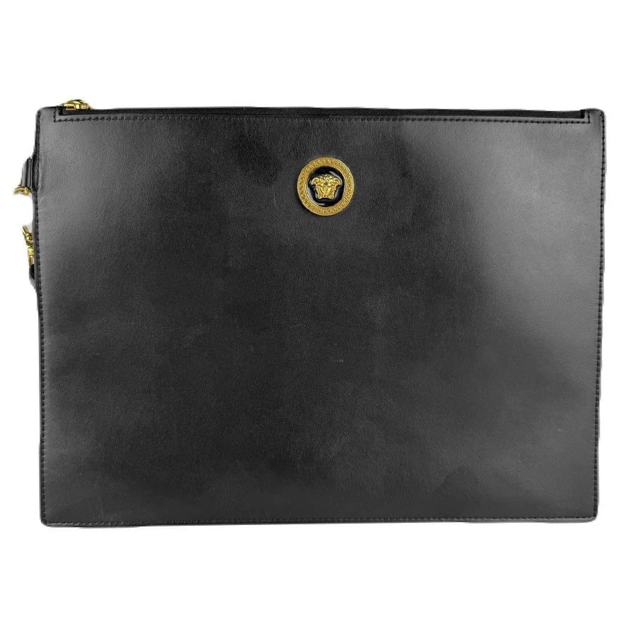 VERSACE CLUTCH BAG BLACK LEATHER/GOLDTONE: VERSACE Clutch Bag Black Leather/Goldtone Brand: VERSACE Type: Clutch bag Material: Leather Color: Black Size: W:11.8inx H:8.7inx D:0.4in Handle Length:17.3in Accessories: None Accessories