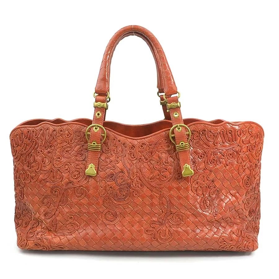 BOTTEGAVENETA INTRECCIATO HANDBAG: BOTTEGAVENETA Intrecciato Handbag Brand: BOTTEGAVENETA Type: Handbag Material: Leather Color: Orange Brown Size: W:15.6inx H:8.3inx D:5.5in Handle drop:6.7in Accessories: None Accessories