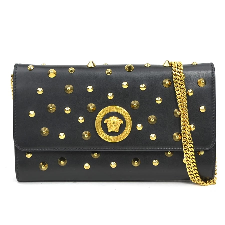 VERSACE CHAIN WALLET CROSSBODY BAG BLACK/GOLD: VERSACE Chain Wallet Crossbody Bag Black/Gold Brand: VERSACE Type: Other accessories Material: Leather Color: Black Size: W:8.8inx H:5.3inx D:1.2in Accessories: None Accessories Notice: Wh