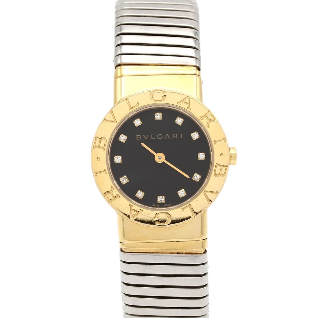 BULGARI TUBOGAS YG WATCH: Bulgari Tubogas YG Watch Brand: BVLGARI Type: Wrist watch Material: Case: Yellow gold Bracelet: Stainless steel x yellow gold Color: Dial Color: Black/Diamond Size: Case diameter: Approx. 26 mm Max