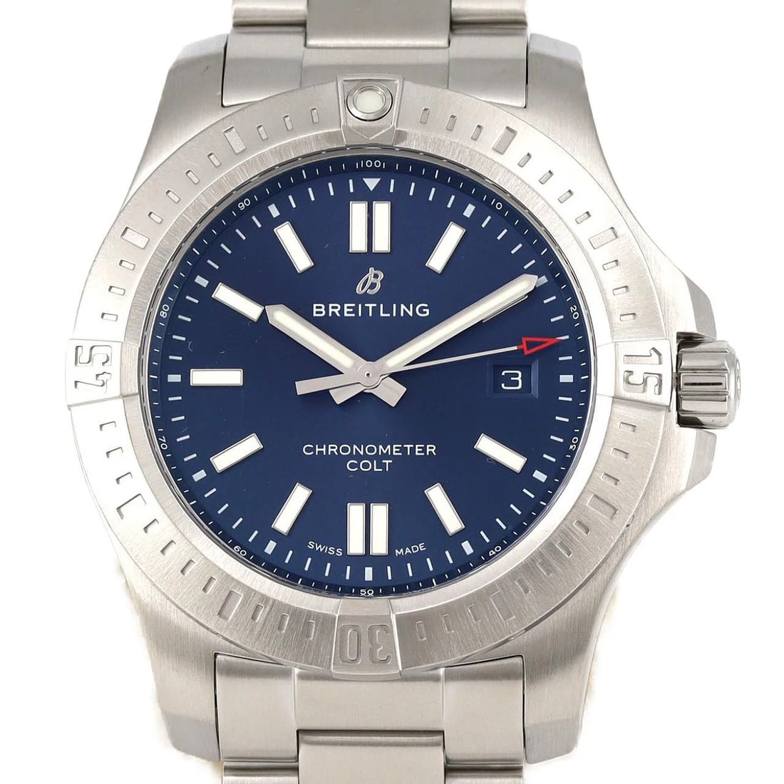 BREITLING CHRONOMAT AUTOMATIC WATCH: Breitling Chronomat Automatic Watch Brand: BREITLING Type: Wrist watch Material: Case: Stainless Steel Breath: Stainless Steel Color: Dial Color: Mariner blue Size: Case diameter: Approx. 44 mm Max wr