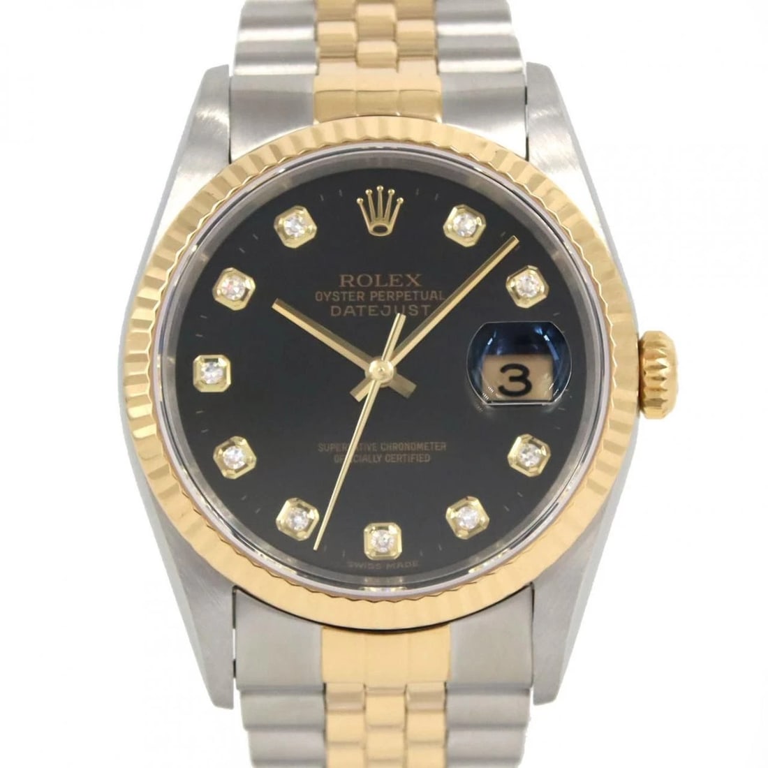 ROLEX DATEJUST SSXYG MECHANICAL AUTOMATIC WATCH: Rolex Datejust SSxYG Mechanical Automatic Watch Brand: ROLEX Type: Wrist watch Material: Case: Stainless steel x yellow gold Bracelet: Stainless steel x yellow gold Color: Dial Color: Black/Diamond Si