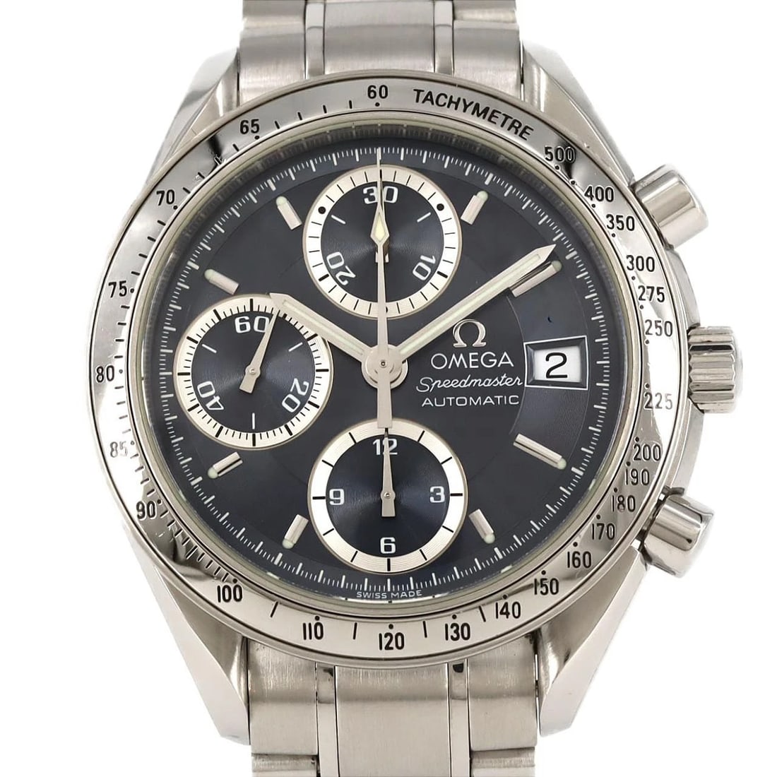 OMEGA SPEEDMASTER DATE STAINLESS STEEL WATCH: Omega Speedmaster Date Stainless Steel Watch Brand: OMEGA Type: Wrist watch Material: Case: Stainless Steel Breath: Stainless Steel Color: Dial color gray Size: Case diameter: Approx. 39 mm Max wrist