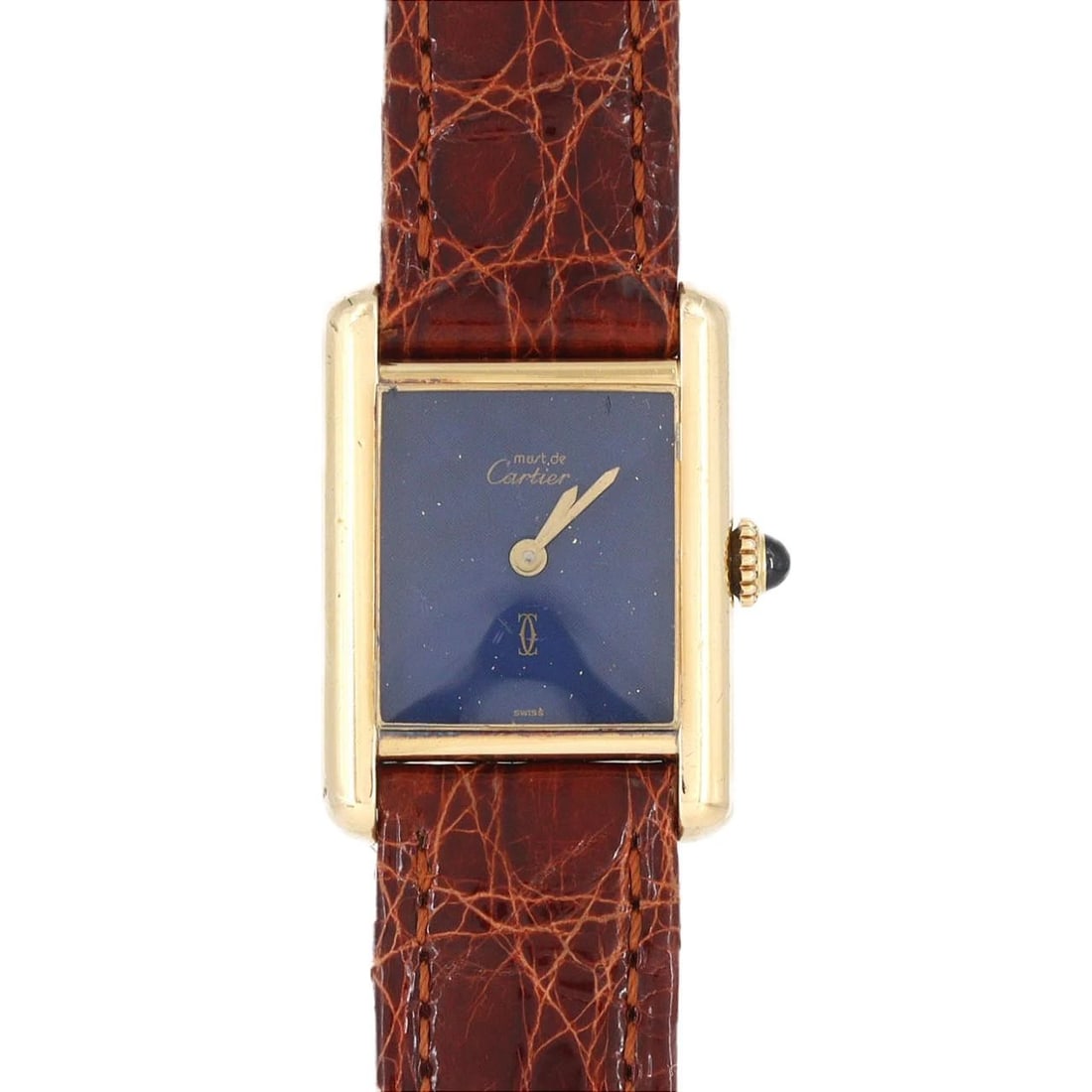 CARTIER MUST TANK SM GOLD PLATED MANUAL WINDING WATCH: Cartier Must Tank SM Gold Plated Manual Winding Watch Brand: CARTIER Type: Wrist watch Material: Case: Gold plated Bracelet: Strap Color: Dial Color: Blue Band color: Brown Size: Case diameter: 20.5