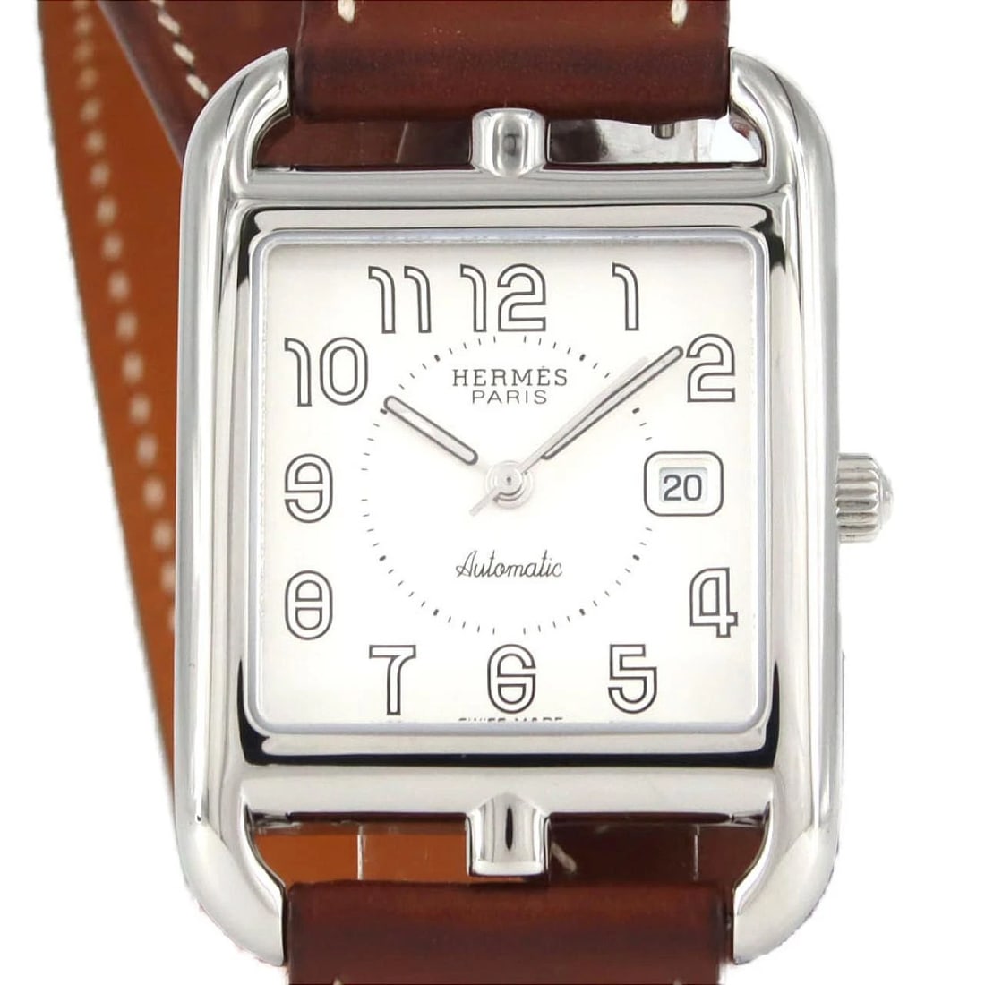 HERMES CAPE COD DOUBLE TOUR STAINLESS STEEL MECHANICAL WATCH: Hermes Cape Cod Double Tour Stainless Steel Mechanical Watch Brand: HERMES Type: Wrist watch Material: Case: Stainless Steel Bracelet: Strap Color: Dial Color: Silver/Arabic Band Color: Brown Size: