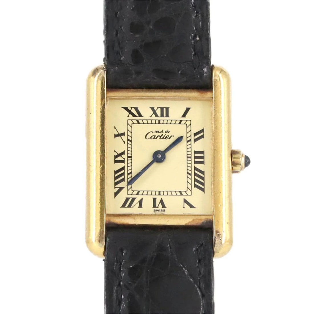 CARTIER MUST TANK SM GOLD PLATED QUARTZ WATCH: Cartier Must Tank SM Gold Plated Quartz Watch Brand: CARTIER Type: Wrist watch Material: Case: Gold plated Bracelet: Strap Color: Dial Color: Ivory/Roman Band Color: Black Size: Case diameter: 20.5 x