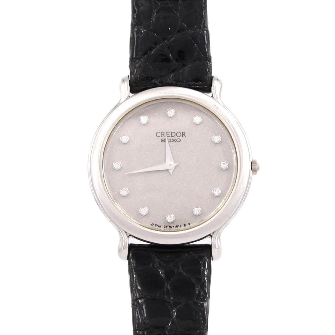 SEIKO CREDOR QUARTZ WATCH: Seiko CREDOR Quartz Watch Brand: SEIKO Type: Wrist watch Material: Case: Platinum Bracelet: Strap Color: Dial Color: Gray/Diamond Band color: Black Size: Case diameter: Approx. 24mm Accessories: None