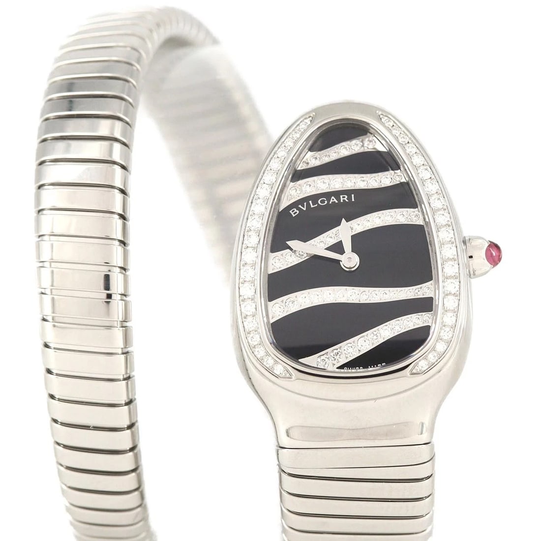 BVLGARI SERPENTI TUBOGAS STAINLESS STEEL WATCH: Bvlgari Serpenti Tubogas Stainless Steel Watch Brand: BVLGARI Type: Wrist watch Material: Case: Stainless Steel Breath: Stainless Steel Color: Dial Color: Black, diamonds Size: Case diameter: 23x35