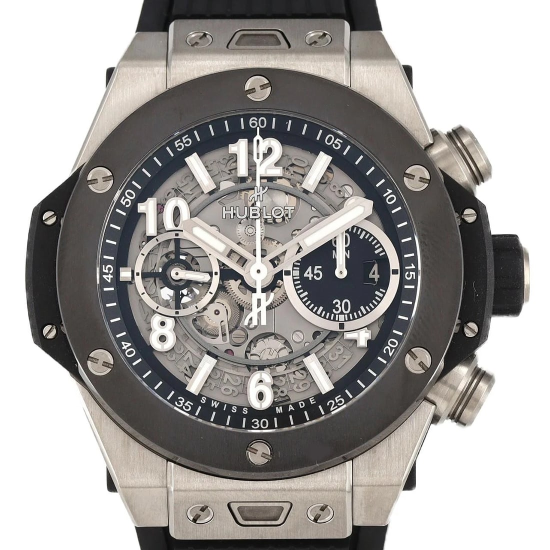 HUBLOT BIG BANG UNICO TITANIUM CERAMIC MECHANICAL WATCH: Hublot Big Bang Unico Titanium Ceramic Mechanical Watch Brand: HUBLOT Type: Wrist watch Material: Case: Titanium Bracelet: Rubber Color: Dial Color: Skeleton Band Color: Black Size: Case diameter: App