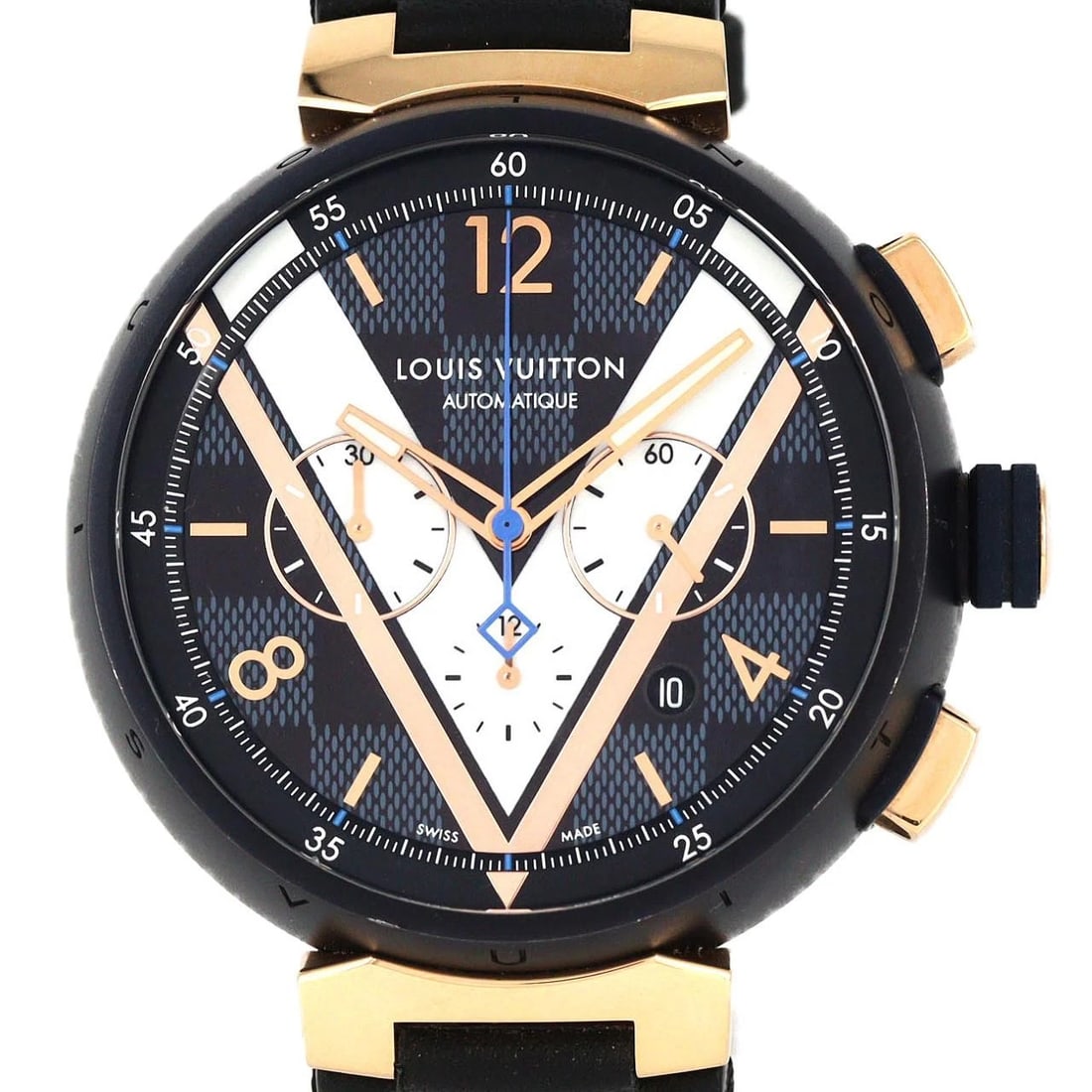 LOUIS VUITTON TAMBOUR CHRONOGRAPH WATCH: Louis Vuitton Tambour Chronograph Watch Brand: LOUIS VUITTON Type: Wrist watch Material: Case: Stainless steel x pink gold Bracelet: Strap Color: Dial Colors: Blue, White, Black, Pink Gold Band color: