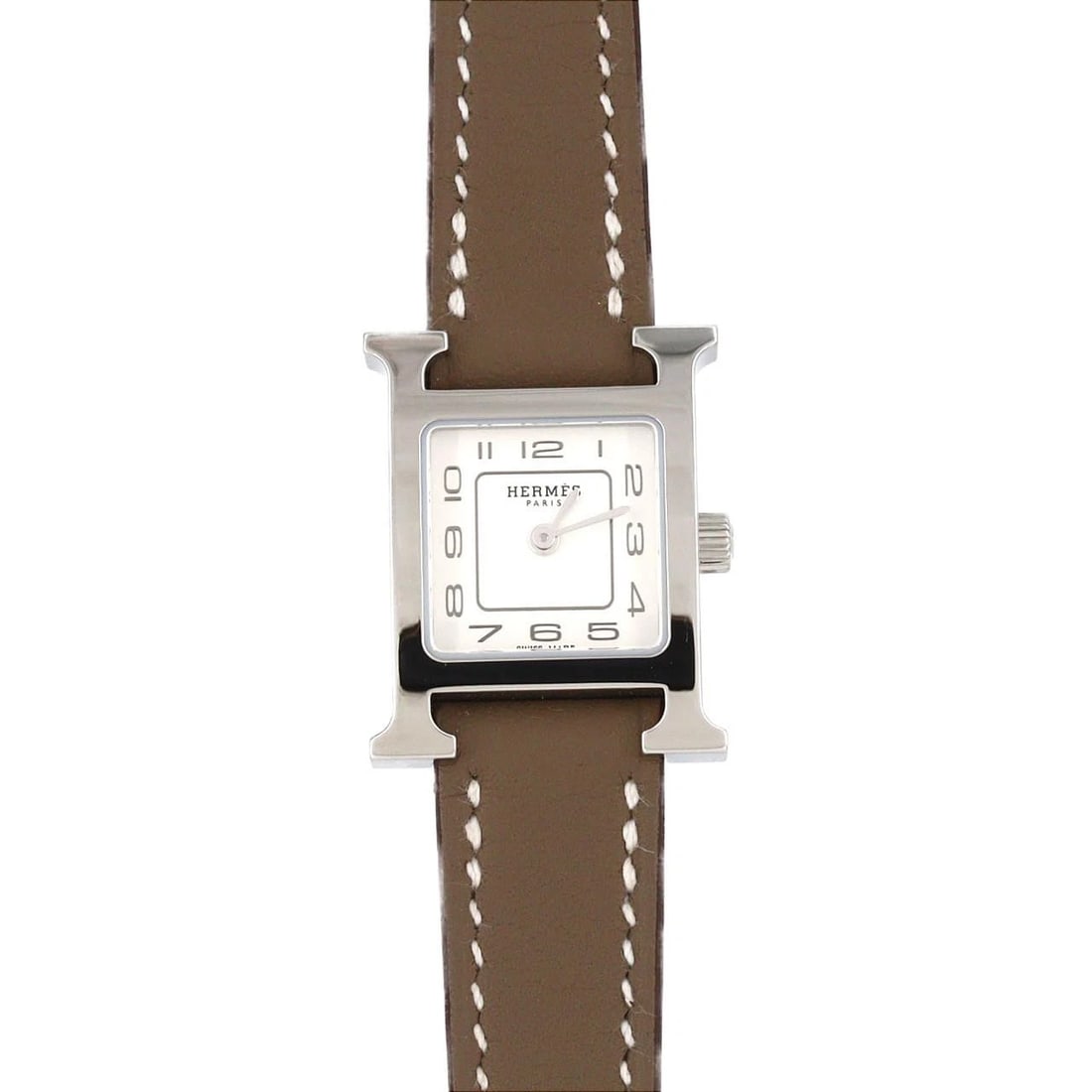 HERMES WATCH STAINLESS STEEL QUARTZ WATCH: Hermes Watch Stainless Steel Quartz Watch Brand: HERMES Type: Wrist watch Material: Case: Stainless Steel Bracelet: Strap Color: Dial Color: Silver/Arabic Band Color: Brown Size: Case diameter: 17x24m