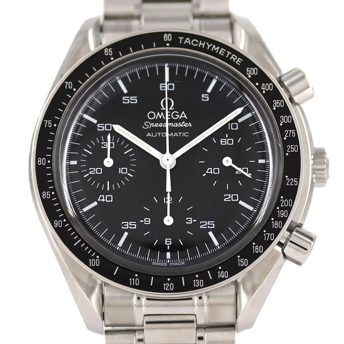 OMEGA SPEEDMASTER STAINLESS STEEL MECHANICAL AUTOMATIC WATCH: Omega Speedmaster Stainless Steel Mechanical Automatic Watch Brand: OMEGA Type: Wrist watch Material: Case: Stainless Steel Breath: Stainless Steel Color: Dial color black Size: Case diameter: Approx.