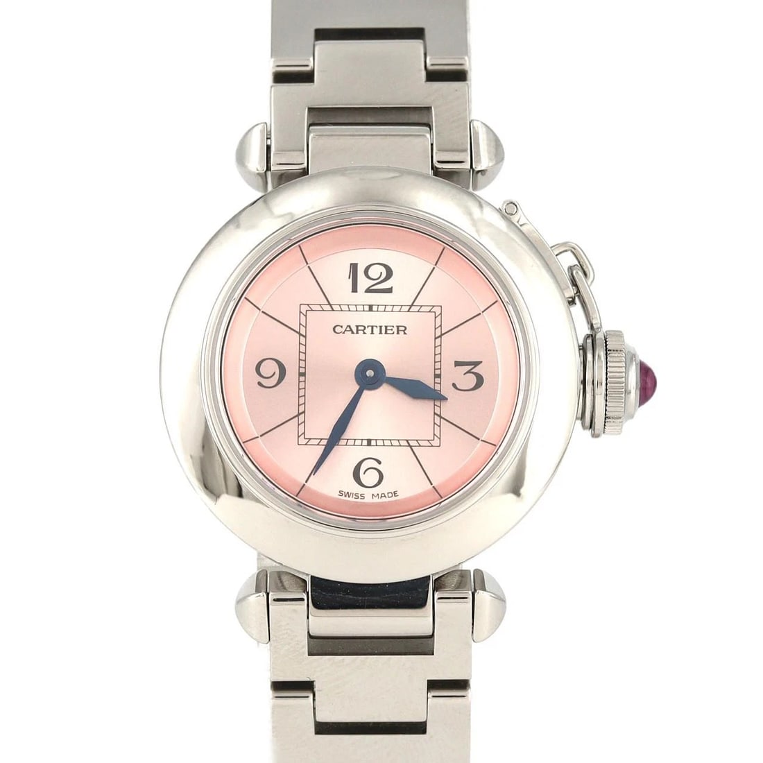 CARTIER MISS PASHA STAINLESS STEEL QUARTZ WATCH: Cartier Miss Pasha Stainless Steel Quartz Watch Brand: CARTIER Type: Wrist watch Material: Case: Stainless Steel Breath: Stainless Steel Color: Dial color pink Size: Case diameter: Approx. 27mm Max wr