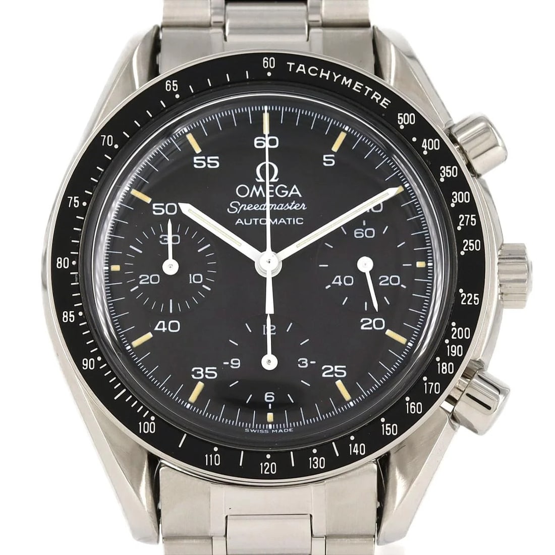 OMEGA SPEEDMASTER STAINLESS STEEL MECHANICAL AUTOMATIC WATCH: Omega Speedmaster Stainless Steel Mechanical Automatic Watch Brand: OMEGA Type: Wrist watch Material: Case: Stainless Steel Breath: Stainless Steel Color: Dial color black Size: Case diameter: Approx.