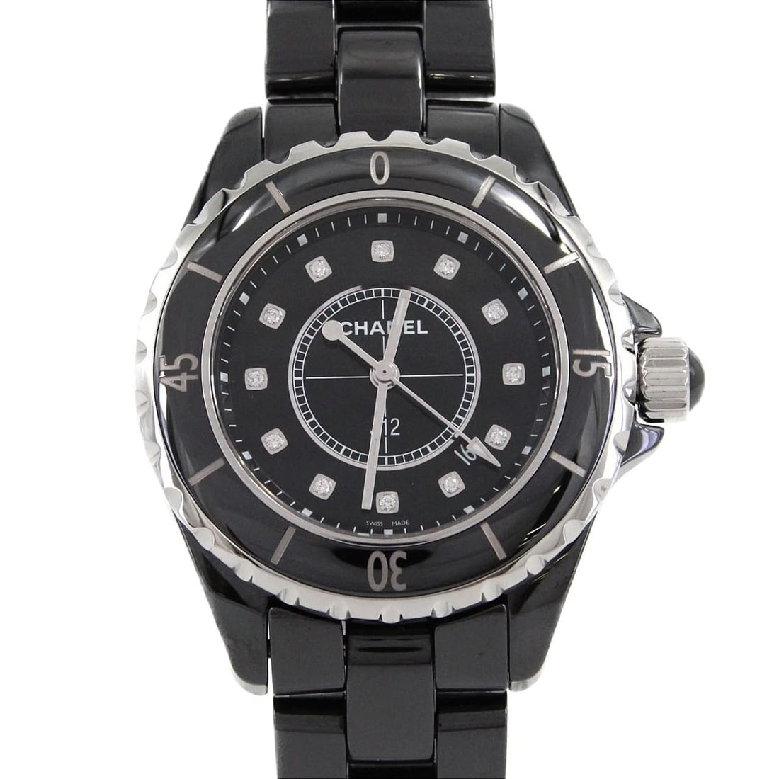 CHANEL J12 CERAMIC QUARTZ WATCH: Chanel J12 Ceramic Quartz Watch Brand: CHANEL Type: Wrist watch Material: Case: Ceramic Bracelet: Ceramic Color: Dial Color: Black/Diamond Size: Case diameter: Approx. 33 mm Max wrist circumference: 1