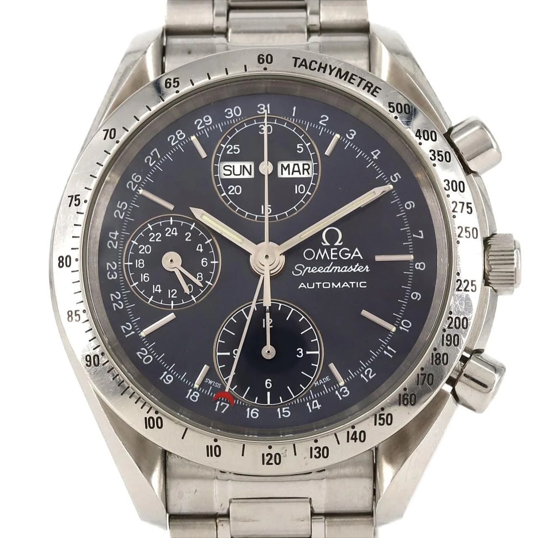 OMEGA SPEEDMASTER DAY-DATE WATCH: Omega Speedmaster Day-Date Watch Brand: OMEGA Type: Wrist watch Material: Case: Stainless Steel Breath: Stainless Steel Color: Dial color blue Size: Case diameter: Approx. 39 mm Max wrist