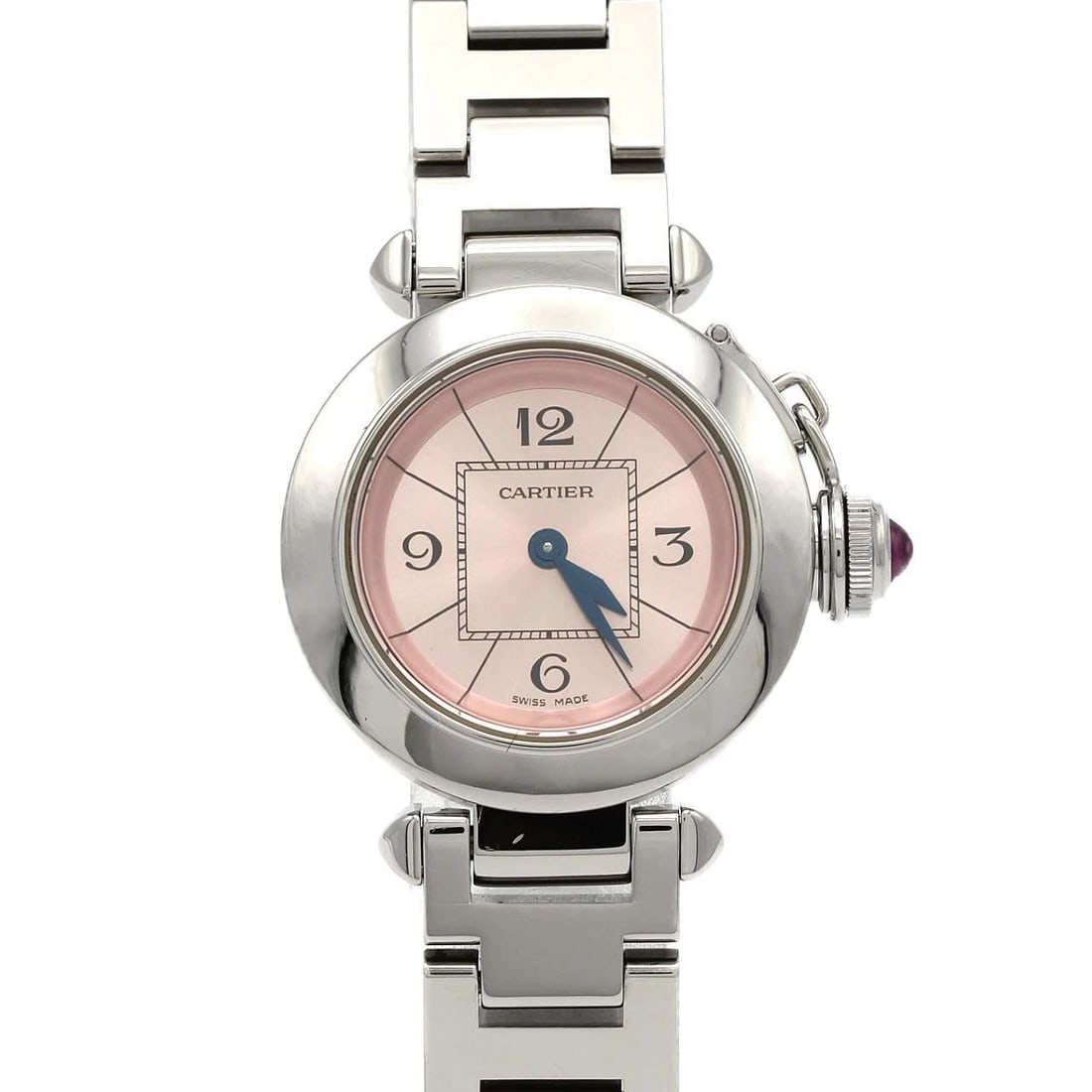 CARTIER MISS PASHA STAINLESS STEEL QUARTZ WATCH: Cartier Miss Pasha Stainless Steel Quartz Watch Brand: CARTIER Type: Wrist watch Material: Case: Stainless Steel Breath: Stainless Steel Color: Dial color pink Size: Case diameter: Approx. 27mm Max wr