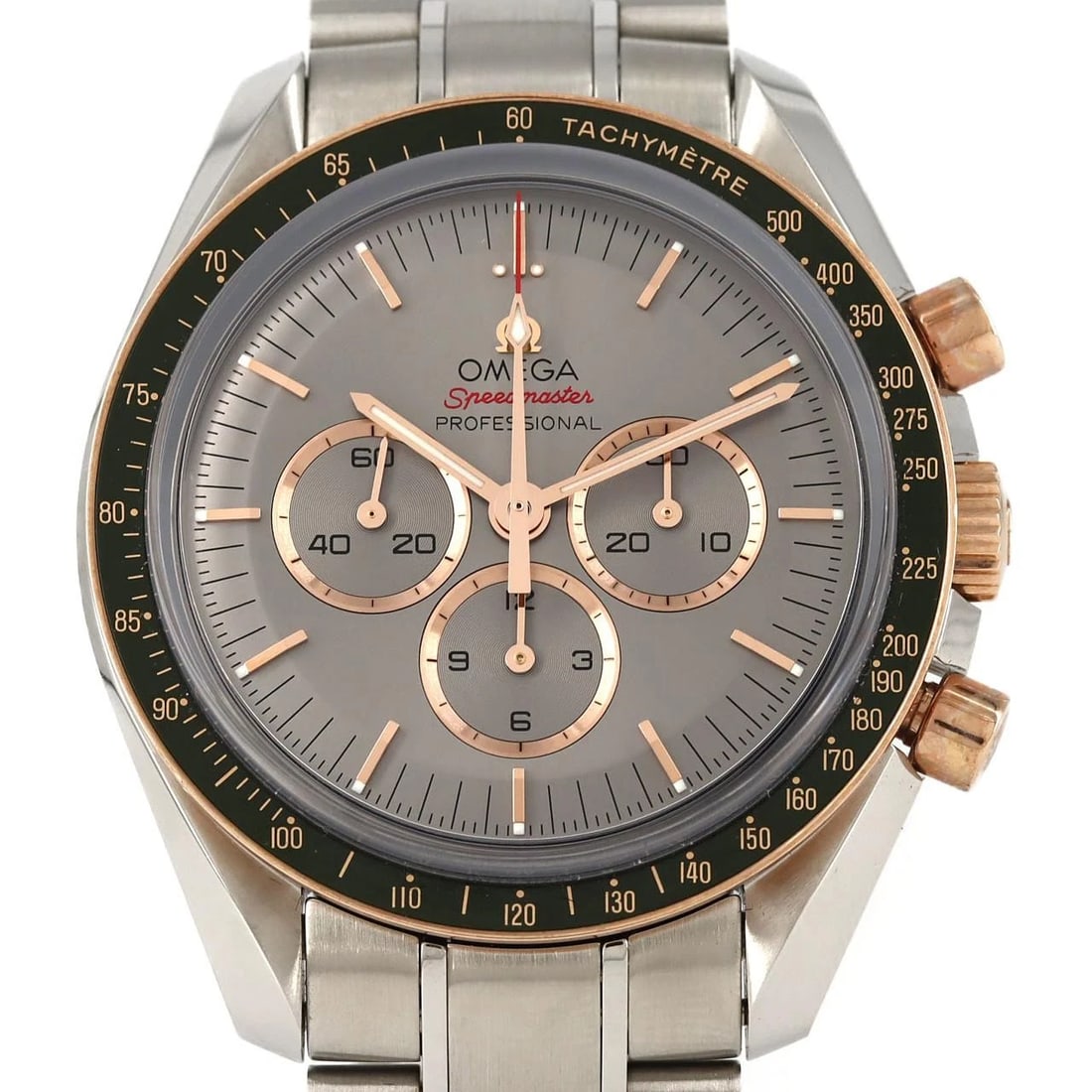OMEGA SPEEDMASTER OLYMPICS WATCH: Omega Speedmaster Olympics Watch Brand: OMEGA Type: Wrist watch Material: Case: Stainless steel x pink gold Bracelet: Stainless steel Color: Dial color gray Size: Case diameter: Approx. 42 mm Max wris