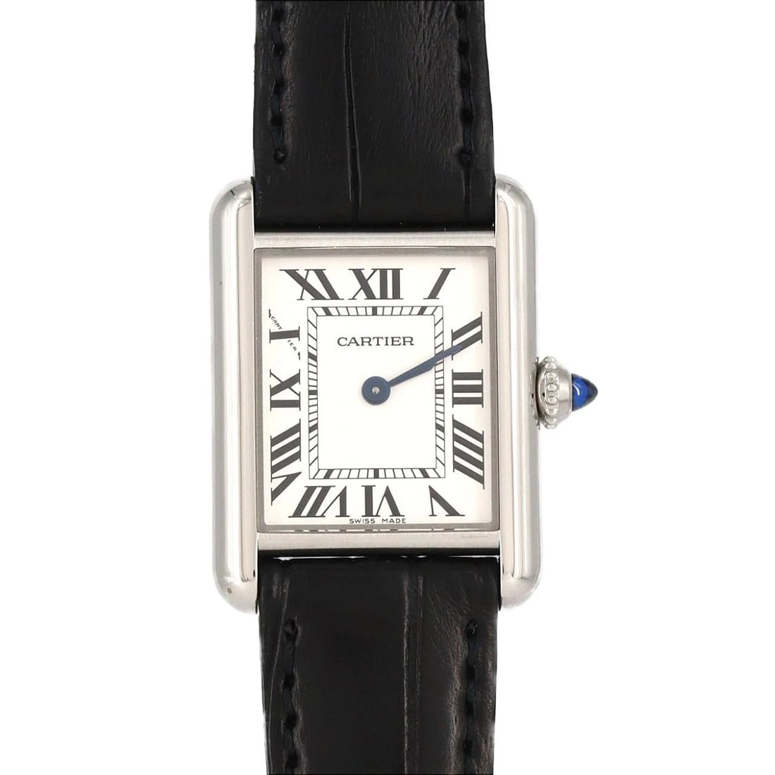 CARTIER TANK MUST STAINLESS STEEL QUARTZ WATCH: Cartier Tank Must Stainless Steel Quartz Watch Brand: CARTIER Type: Wrist watch Material: Case: Stainless Steel Bracelet: Strap Color: Dial Color: Silver/Roman Band Color: Black Size: Case diameter: