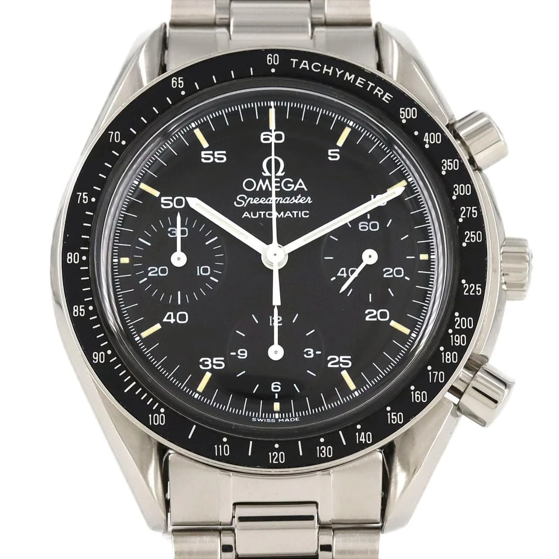 OMEGA SPEEDMASTER STAINLESS STEEL MECHANICAL AUTOMATIC WATCH: Omega Speedmaster Stainless Steel Mechanical Automatic Watch Brand: OMEGA Type: Wrist watch Material: Case: Stainless Steel Breath: Stainless Steel Color: Dial color black Size: Case diameter: