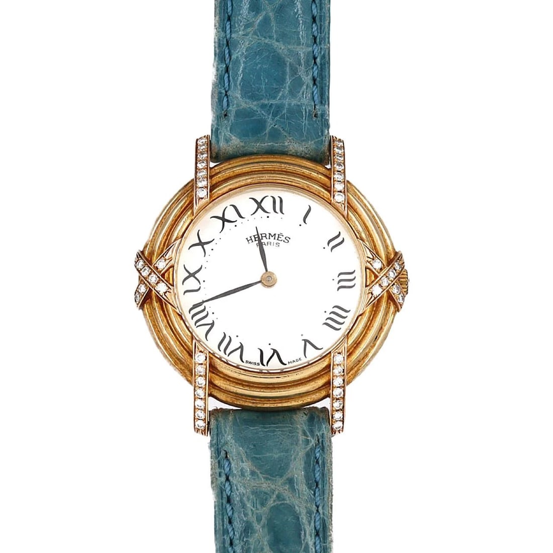 HERMES RUBAN YGXPG QUARTZ WATCH: Hermes Ruban YGxPG Quartz Watch Brand: HERMES Type: Wrist watch Material: Case: YG x PG Bracelet: Strap Color: Dial Color: White/Roman Band Color: Blue Size: Case diameter: Approx. 26mm Accessorie