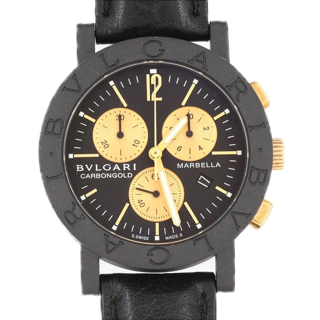 BULGARI CARBON GOLD MARBELLA WATCH: Bulgari Carbon Gold MARBELLA Watch Brand: BVLGARI Type: Wrist watch Material: Dial color: Black, Gold Band color: Black Color: Dial color Case: Other Bracelet: Strap Size: Case diameter: Approx. 38mm 