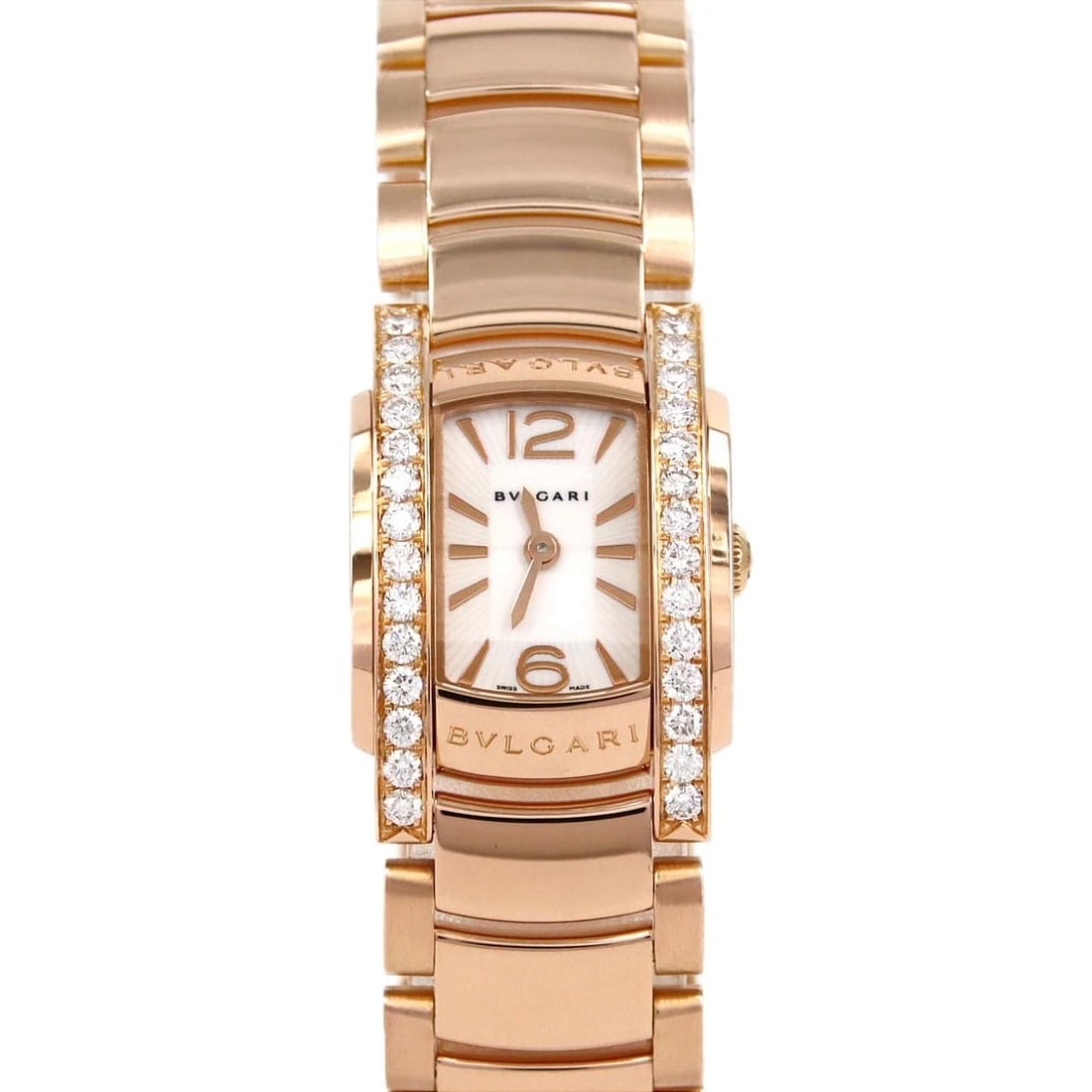 BVLGARI ASSIOMAD PG/RG QUARTZ WATCH: Bvlgari AssiomaD PG/RG Quartz Watch Brand: BVLGARI Type: Wrist watch Material: Case: Pink gold/rose gold Bracelet: Pink gold/rose gold Color: Dial color white Size: Case diameter: Approx. 26mm Max wri