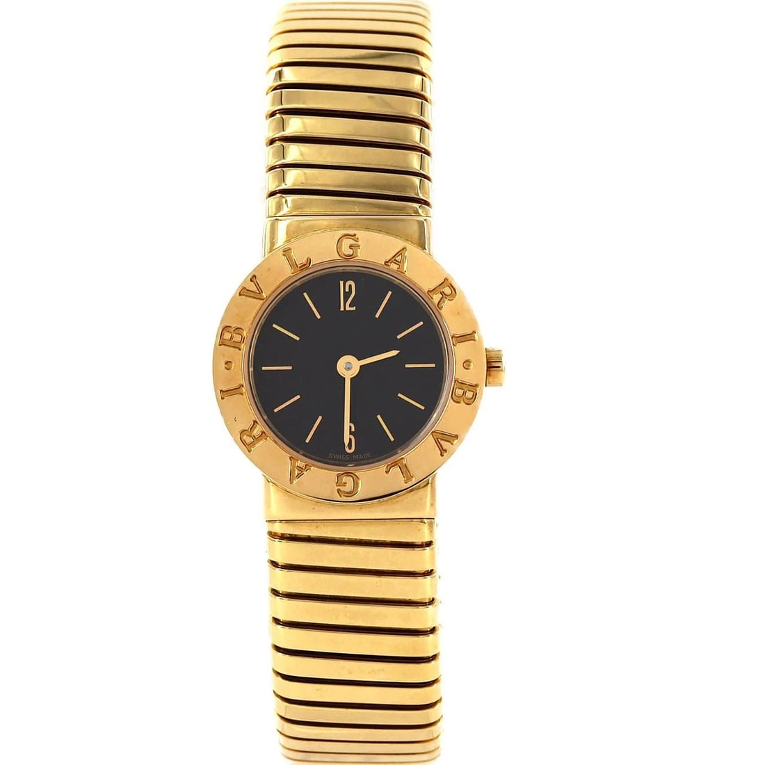 BULGARI TUBOGAS YG WATCH: Bulgari Tubogas YG Watch Brand: BVLGARI Type: Wrist watch Material: Case: Yellow gold Bracelet: Yellow gold Color: Dial color black Size: Case diameter: Approx. 26 mm Max wrist circumference: 15 cm