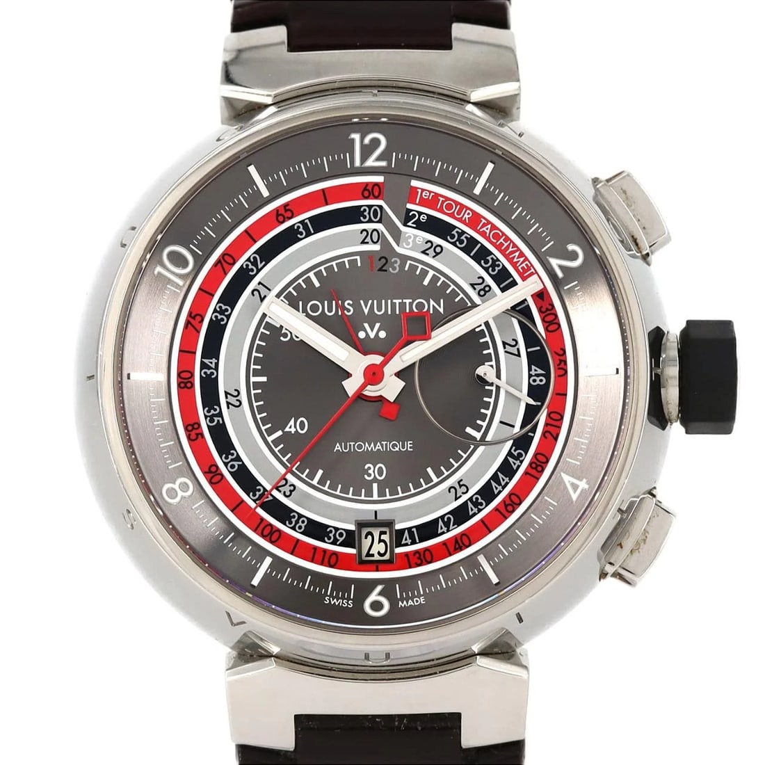 LOUIS VUITTON TAMBOUR CHRONO WATCH: Louis Vuitton Tambour Chrono Watch Brand: LOUIS VUITTON Type: Wrist watch Material: Case: Stainless Steel Bracelet: Strap Color: Dial Color: Gray Band color: Brown Size: Case diameter: Approx. 44mm