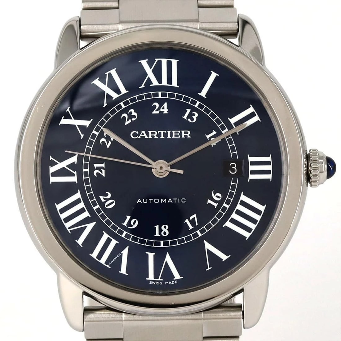 CARTIER RONDE SOLO STAINLESS STEEL MECHANICAL AUTOMATIC WATCH: Cartier Ronde Solo Stainless Steel Mechanical Automatic Watch Brand: CARTIER Type: Wrist watch Material: Case: Stainless Steel Breath: Stainless Steel Color: Dial color blue Size: Case diameter: