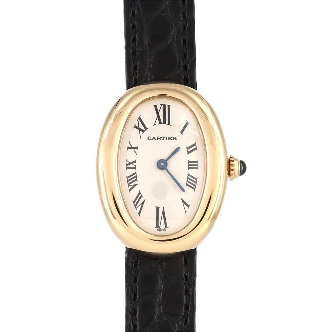 CARTIER BAIGNOIRE YG QUARTZ WATCH: Cartier Baignoire YG Quartz Watch Brand: CARTIER Type: Wrist watch Material: Case: Yellow gold Bracelet: Strap Color: Dial Color: Silver/Roman Band Color: Black Size: Case diameter: 22.5 x 31 Acce