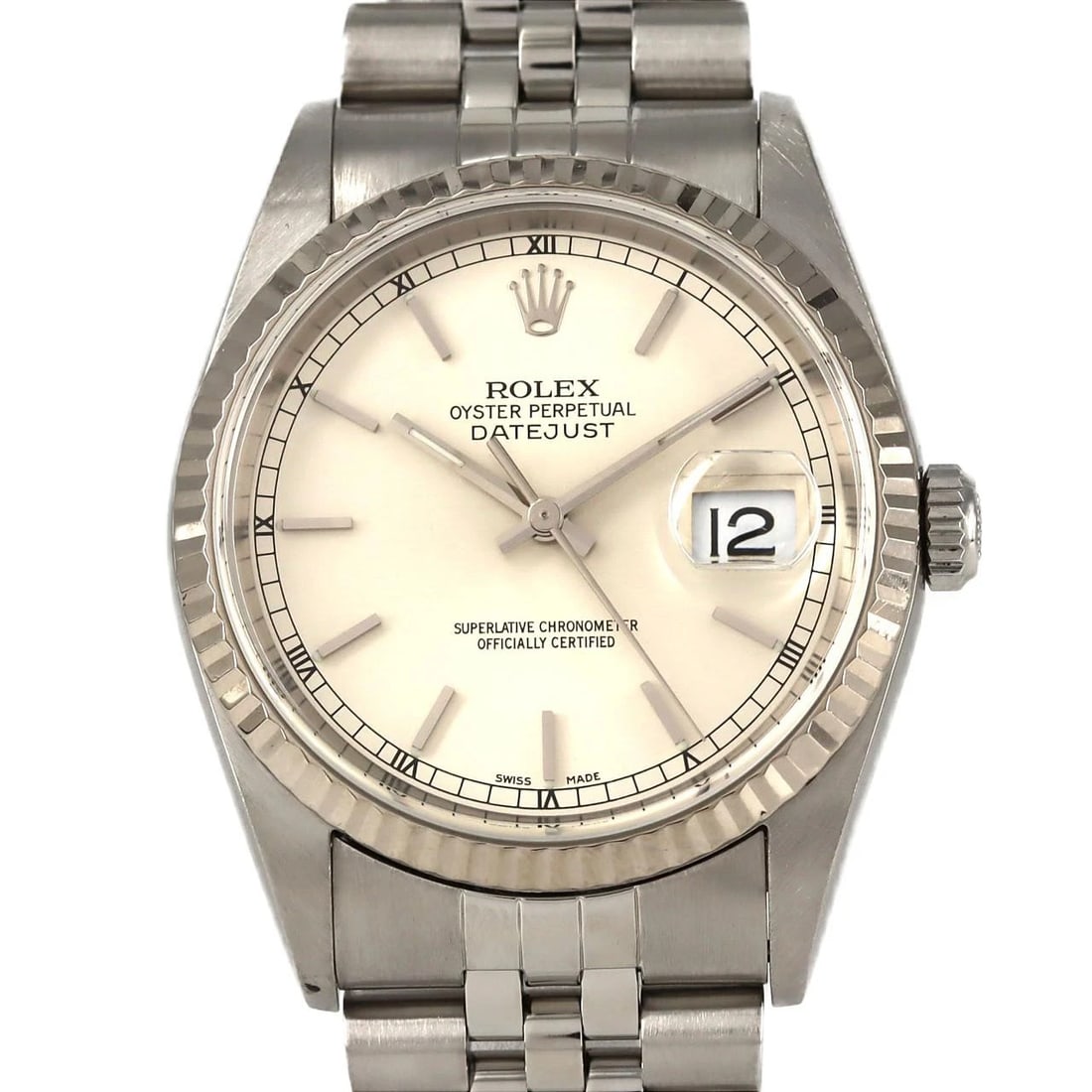 ROLEX DATEJUST MECHANICAL AUTOMATIC WATCH: Rolex Datejust Mechanical Automatic Watch Brand: ROLEX Type: Wrist watch Material: Case: Stainless steel x white gold Bracelet: Stainless steel Color: Dial color silver Size: Case diameter: Approx. 36
