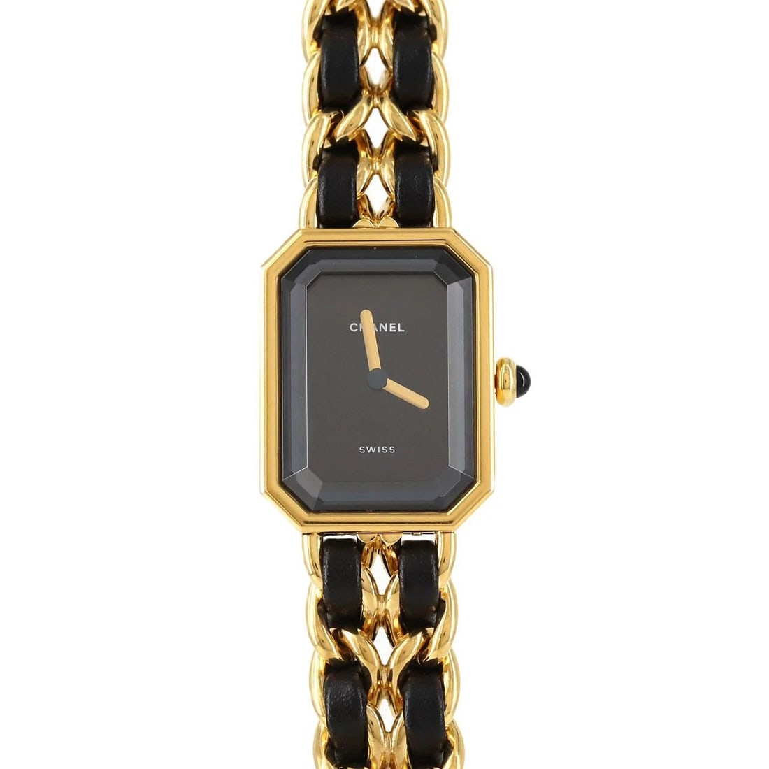 CHANEL PREMIERE GOLD PLATED QUARTZ WATCH: Chanel Premiere Gold Plated Quartz Watch Brand: CHANEL Type: Wrist watch Material: Case: Gold plated Bracelet: Gold plated x Strap Color: Dial Color: Black Band Color: Black Size: Case diameter: