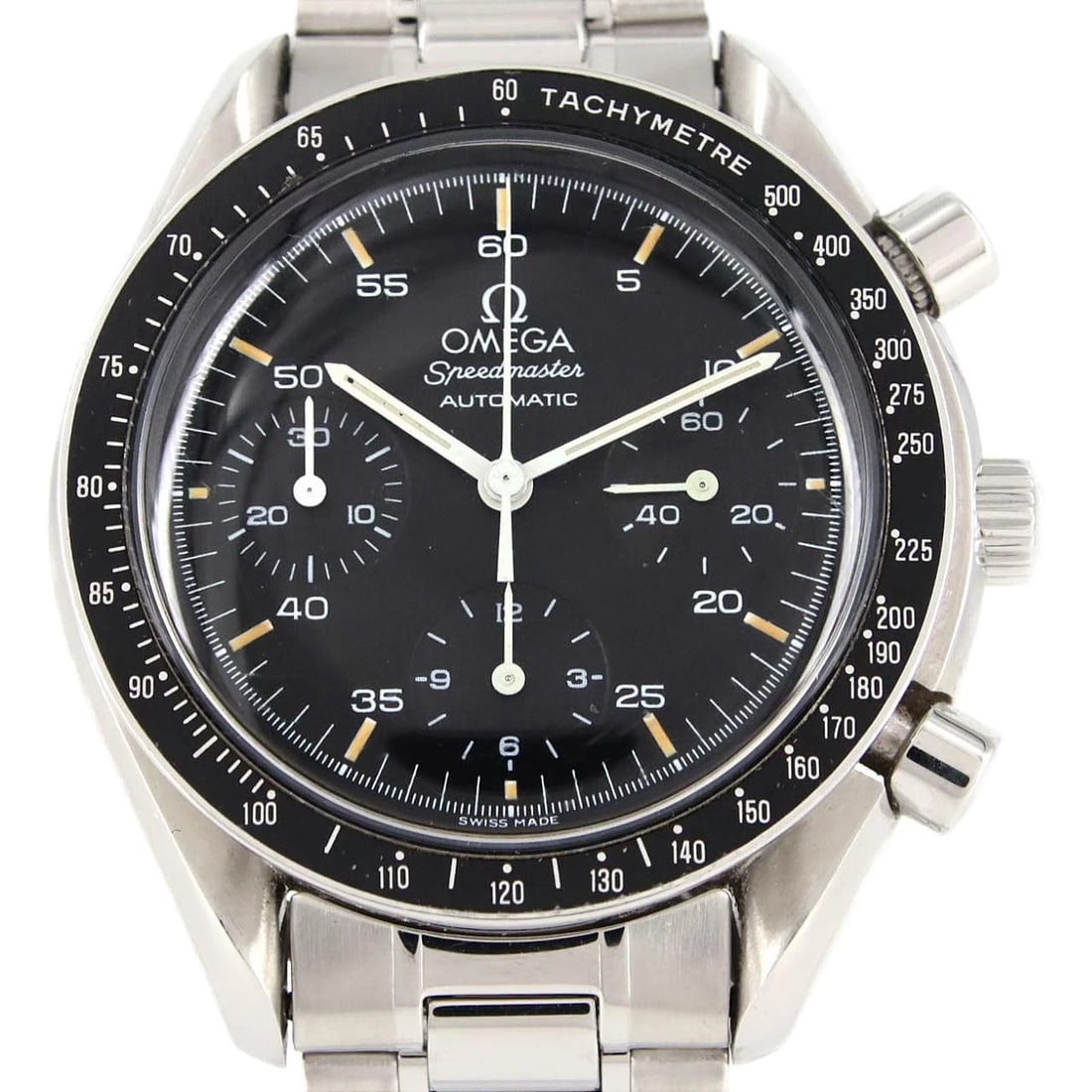 OMEGA SPEEDMASTER STAINLESS STEEL WATCH: Omega Speedmaster Stainless Steel Watch Brand: OMEGA Type: Wrist watch Material: Case: Stainless Steel Breath: Stainless Steel Color: Dial color black Size: Case diameter: Approx. 39 mm Max wrist