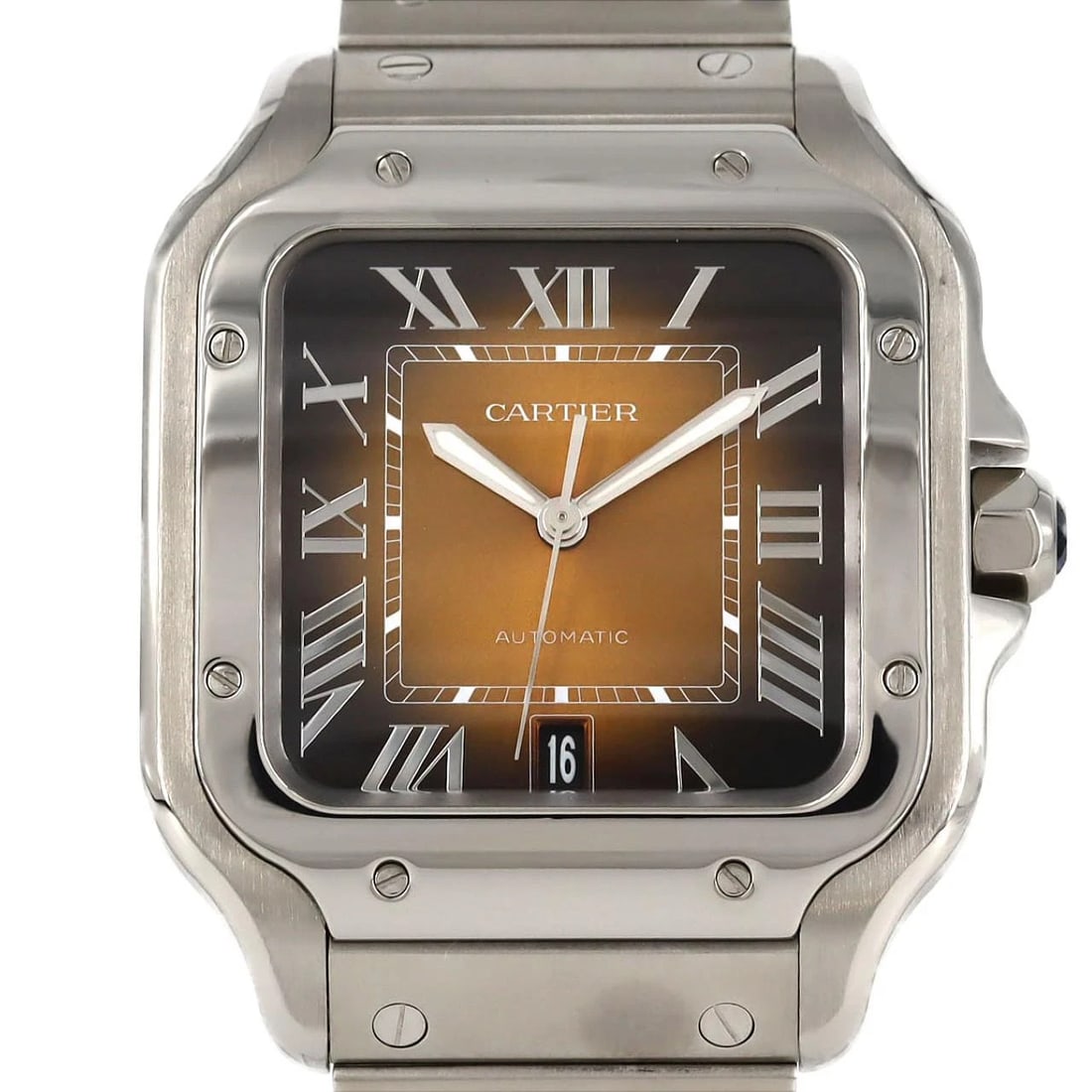 CARTIER SANTOS STAINLESS STEEL MECHANICAL WATCH: Cartier Santos Stainless Steel Mechanical Watch Brand: CARTIER Type: Wrist watch Material: Case: Stainless Steel Breath: Stainless Steel Color: Dial color brown Size: Case diameter: 38x47.5mm Max