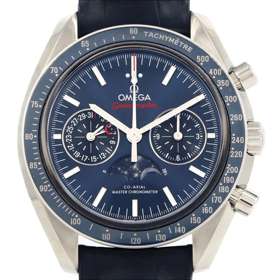 OMEGA SPEEDMASTER MOONPHASE STAINLESS STEEL WATCH: Omega Speedmaster Moonphase Stainless Steel Watch Brand: OMEGA Type: Wrist watch Material: Case: Stainless Steel Bracelet: Strap Color: Dial Color: Blue Band color: Blue Size: Case diameter: Approx. 4